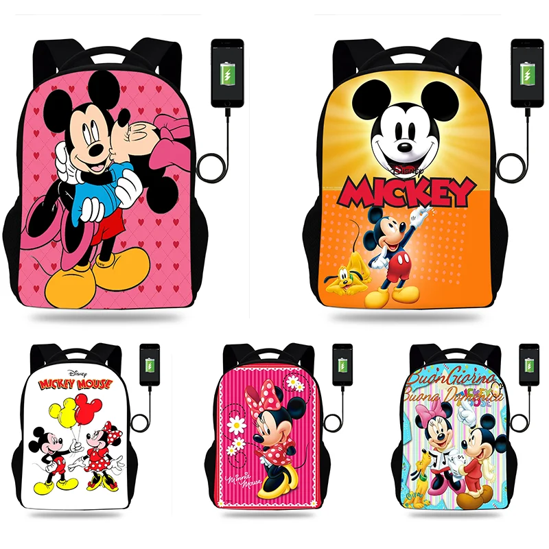 

Mickey Minnie Mouse Cartoon Backpack Boy Girl Teenager School Bag USB Charging Daily Travel Large Capacity Backpack Mochila