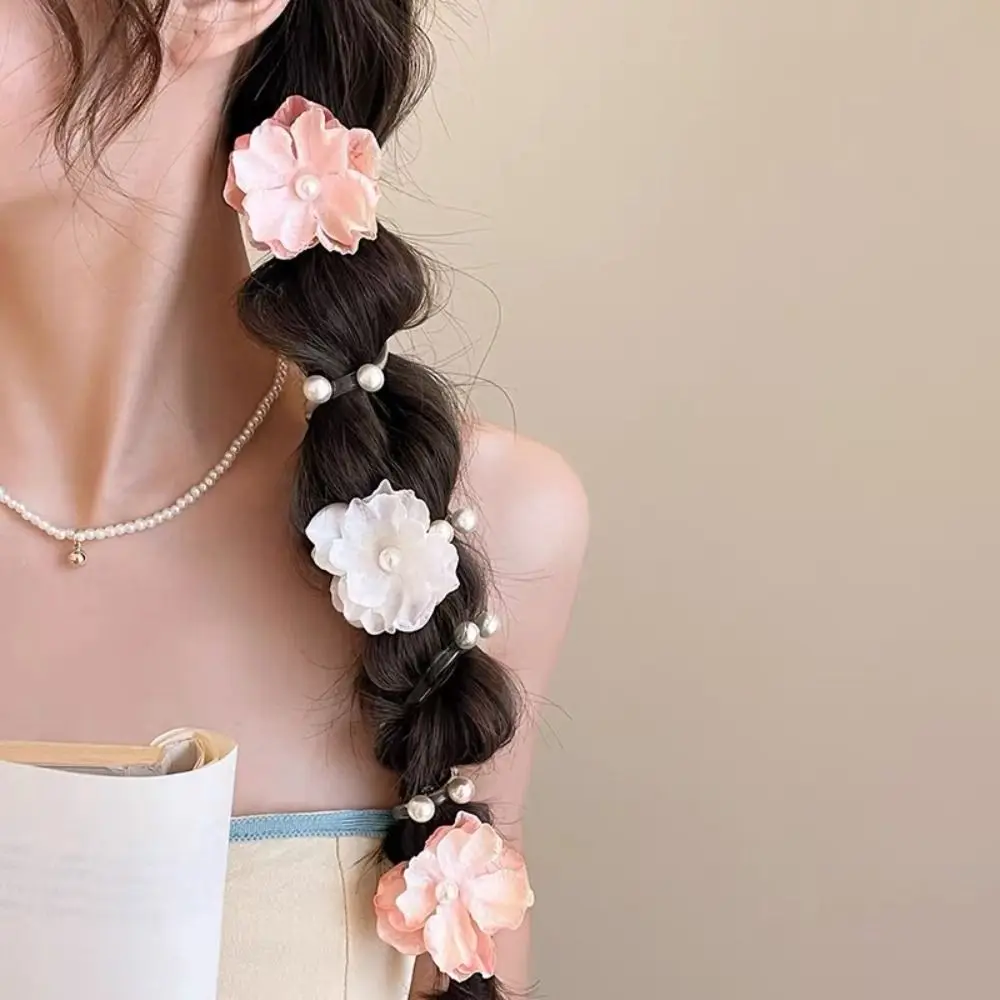 زهرة طازجة سلك الهاتف حبل الشعر اللؤلؤ مستقيم خط الهاتف عقال Scrunchies ذيل حصان حامل جديلة الشعر التعادل يوميا