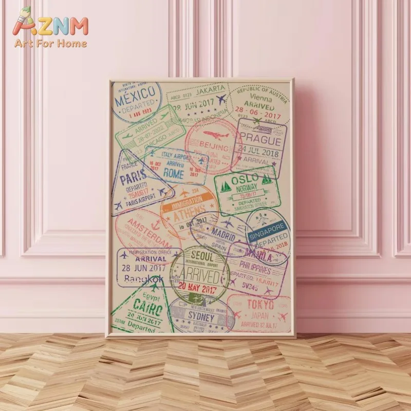 AZNM Vintage World Travel Passport Stamp Canvas Wall Art Global City Immigration Mark Retro Print Unframed Canvas Wanderlust Dec