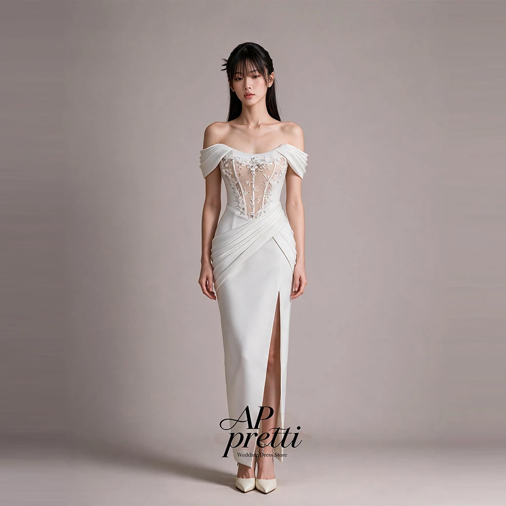 AP pretti Fairy Satin Wedding Dress Side High Slit Strapless Customized Off the Shoulder Tea-Length Bridal Gown Robe De Mariée 