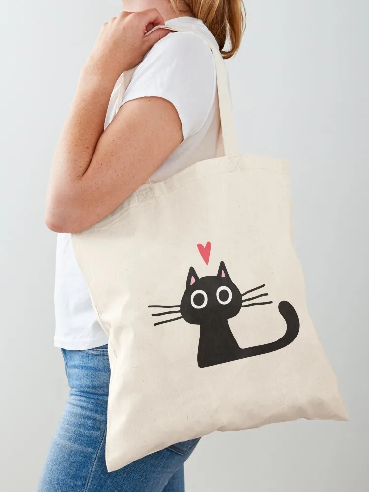 Cute Black Cat with Heart Kitten Valentine Tote Bag Candy bags shopper bag women tote bags men