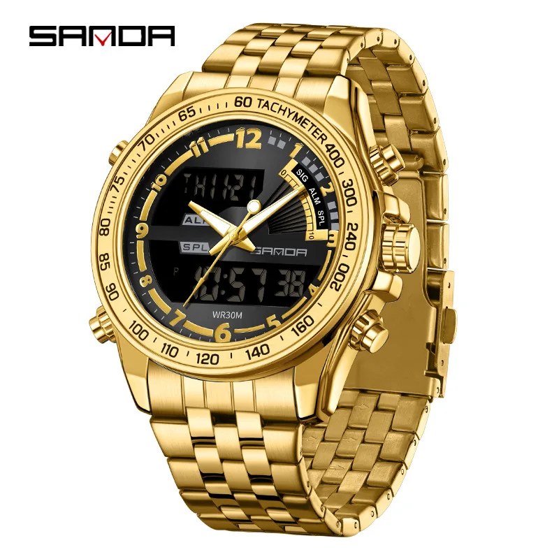 SANDA 3307 Men Watch Fashion Elegant Multifunctional Business Round Electronic Quartz Dual Display Stainless Steel Strap Watches