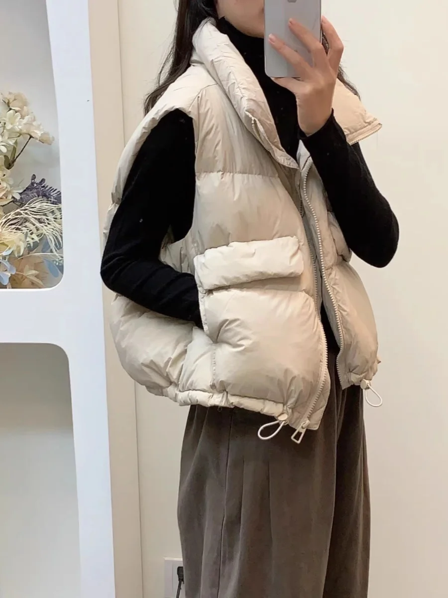 

New Women's down Vest Short Style White Duck down Stand Collar Warm Jacket Trendy Vest Commute Style Loose Fit Pure Color
