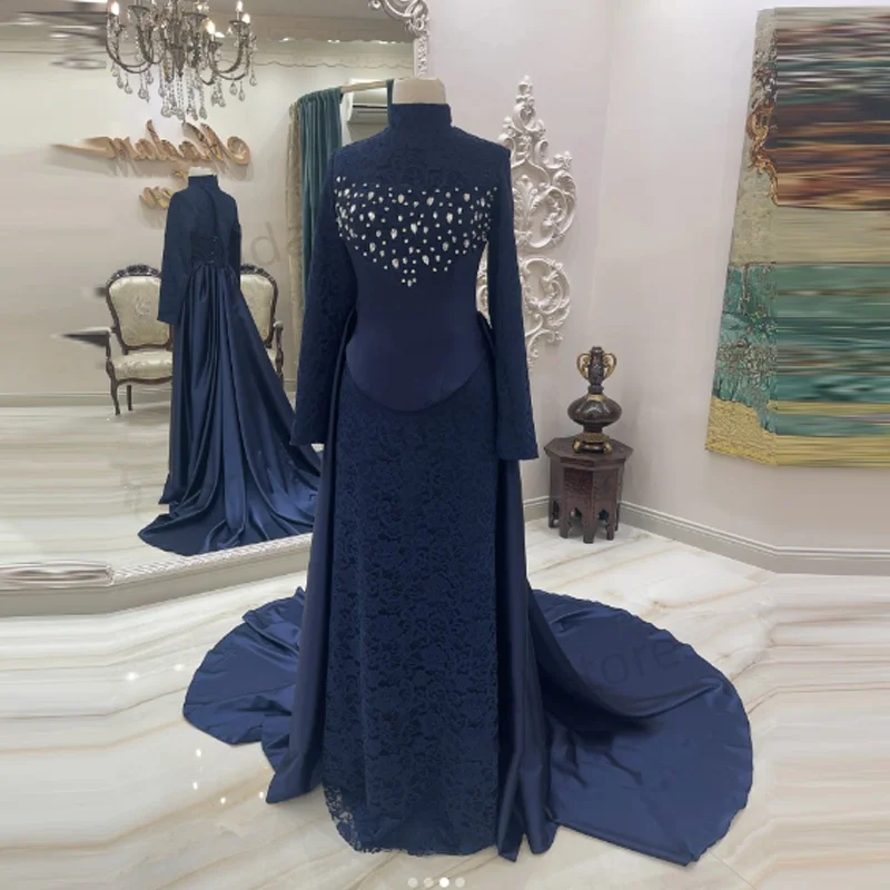 Personalizado alto nick vestidos de baile chique vestido de noite para ocasiões especiais cetim grânulo renda bordado mangas compridas vestidos de festa