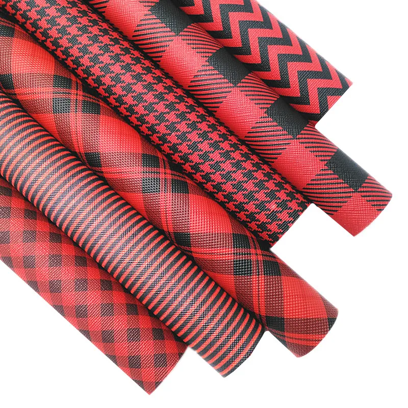 Red Faux Leather Sheets Tartans Plaids Stripes Arrows Birds Pattern Faux Leather Sheets for DIY Handmade Craft 8.2