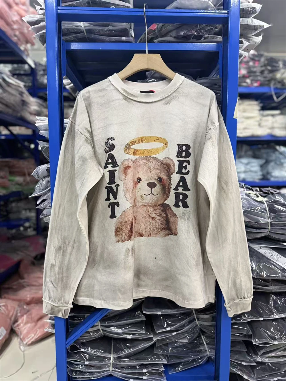 High quality Vintage Angel Bear Pattern Printed Washed Long Sleeve T-shirt Street Cotton Round Neck Simple Versatile Fashion