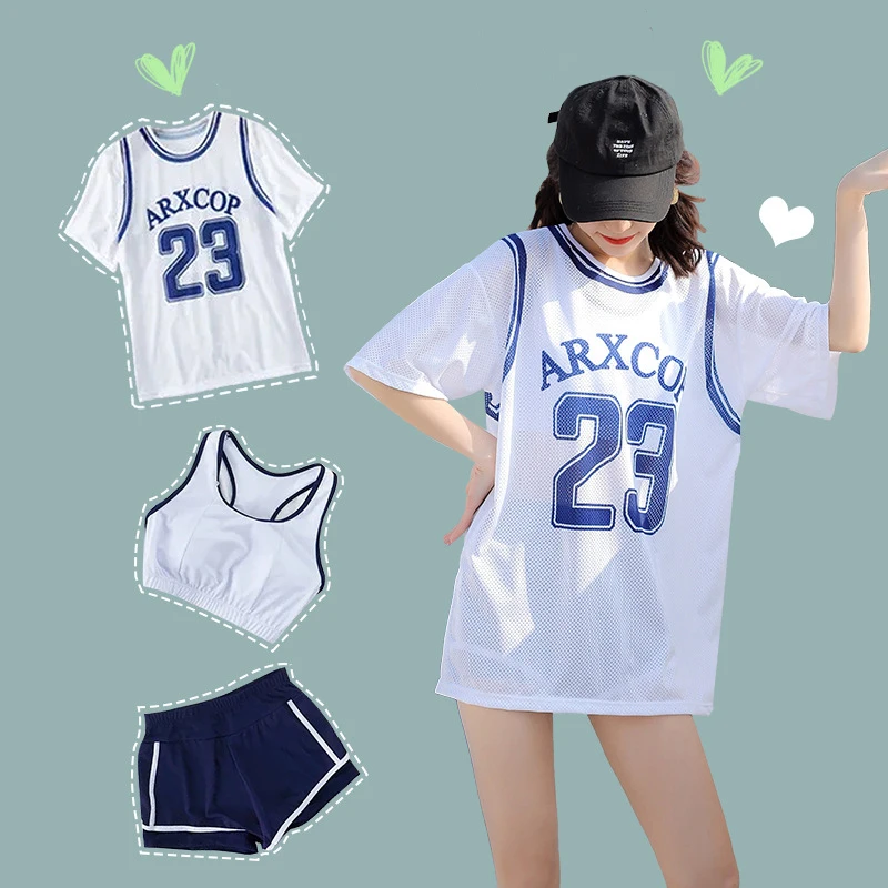 Women's Swimsuit Bikini 3 Pieces Set Boyfriend Basketball Korean Style Shirt Overall Bra Shorts Swimwear 2023 Ladies Beachwear