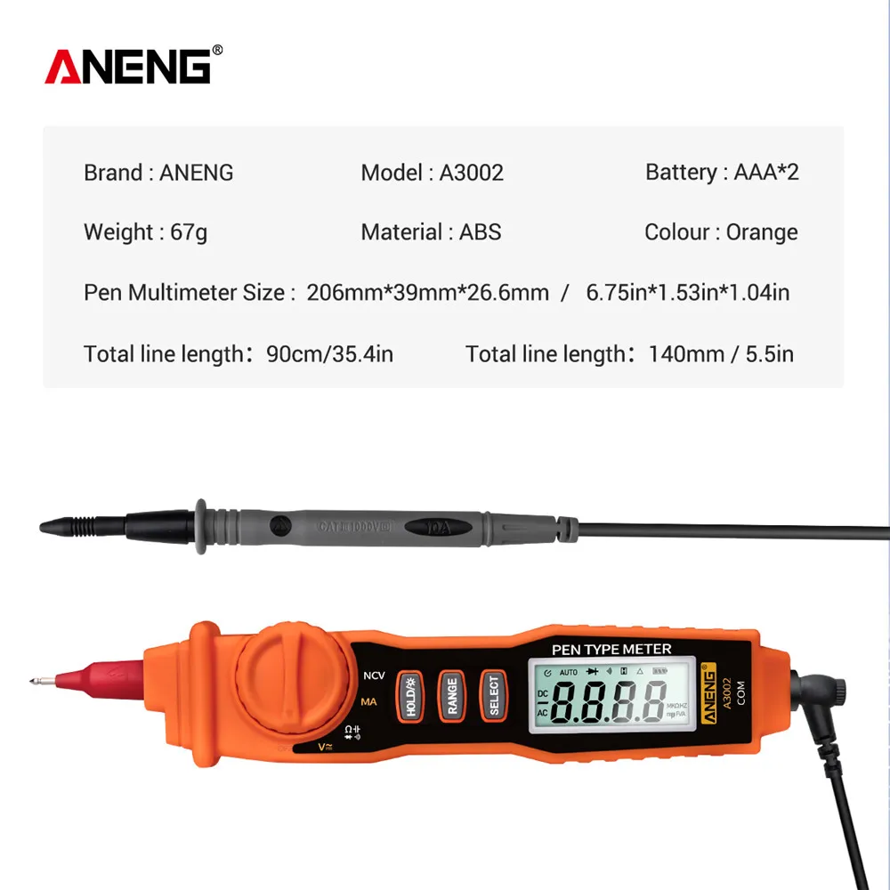 ANENG A3002 Digital Multimeter Pen Type 4000 Counts with Non Contact AC/DC Voltage Resistance Diode Continuity Tester Tool