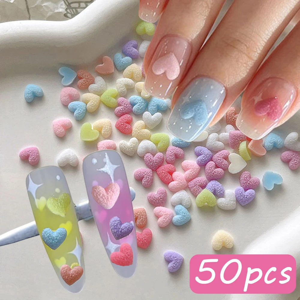 50pcs/Bag Mixed Colorful Sugar Frosted Mini Heart Nail Charms Kawaii Flock Grain Love Heart Star Nail Decor Y2K Sweet Accessorie