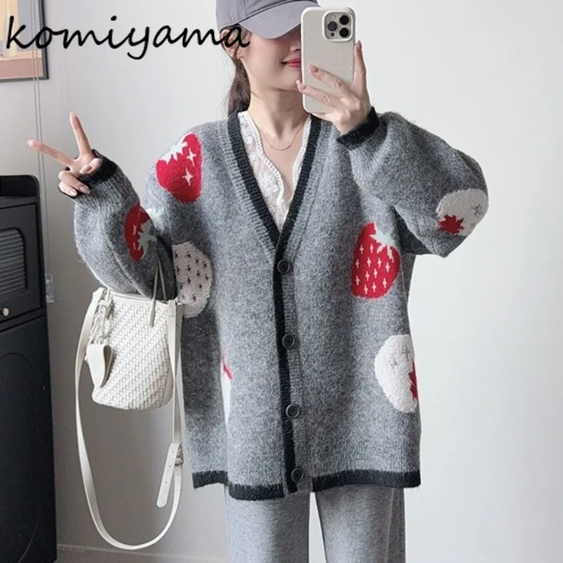 

Jacquard Strawberrycardigan 2025 Ropa Mujer V-neck Long Sleeve Sweater Single Breasted Cardigans Sweet Gentle Clothes Woman
