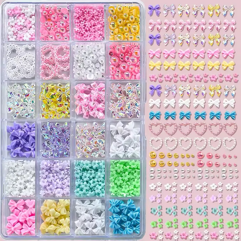 

Набор из 24 сеток/коробок: смешанные смоляные бантики для ногтей, 3D-красочные бантики, кавайные стразы, украшения для маникюра, детали для DIY маникюра, пинцет для аппликаций