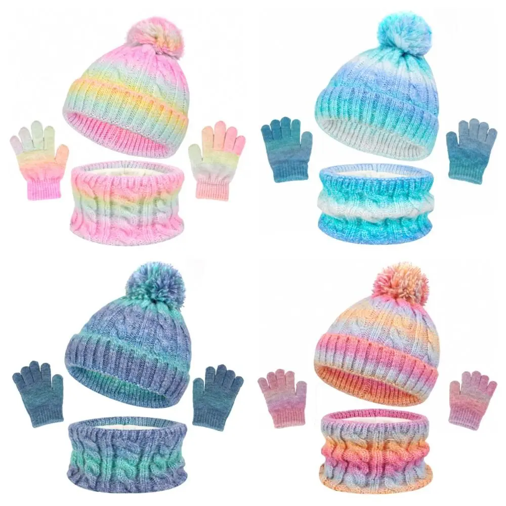 

3pcs Outdoor Children's Hat Scarf Gloves Set Warm Gradient Color Toddler Bonnet Thicken Windproof Pompom Knitted Hats Winter