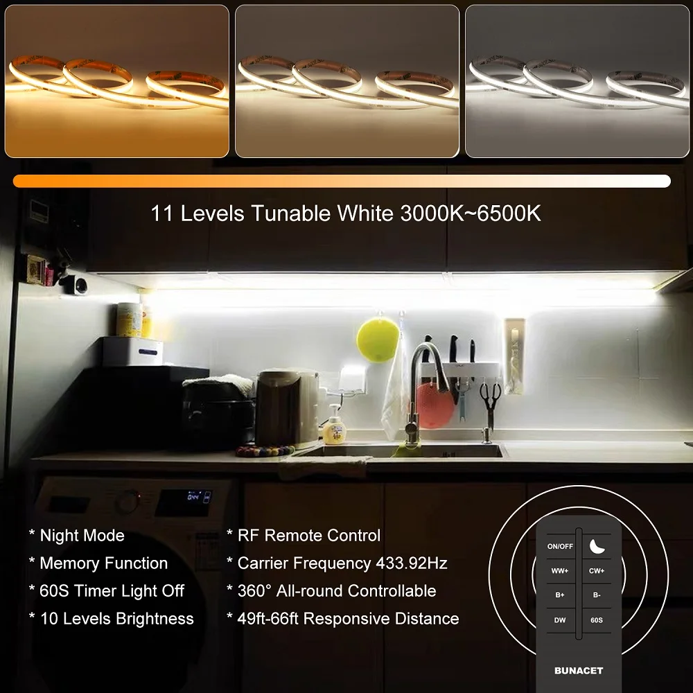 Cob Led Strip Light Bluetooth Smart Apps 3000K ~ 6500K Instelstrip Licht Met Afstandsbediening Dimmen Voor Slaapkamer Keuken Huis