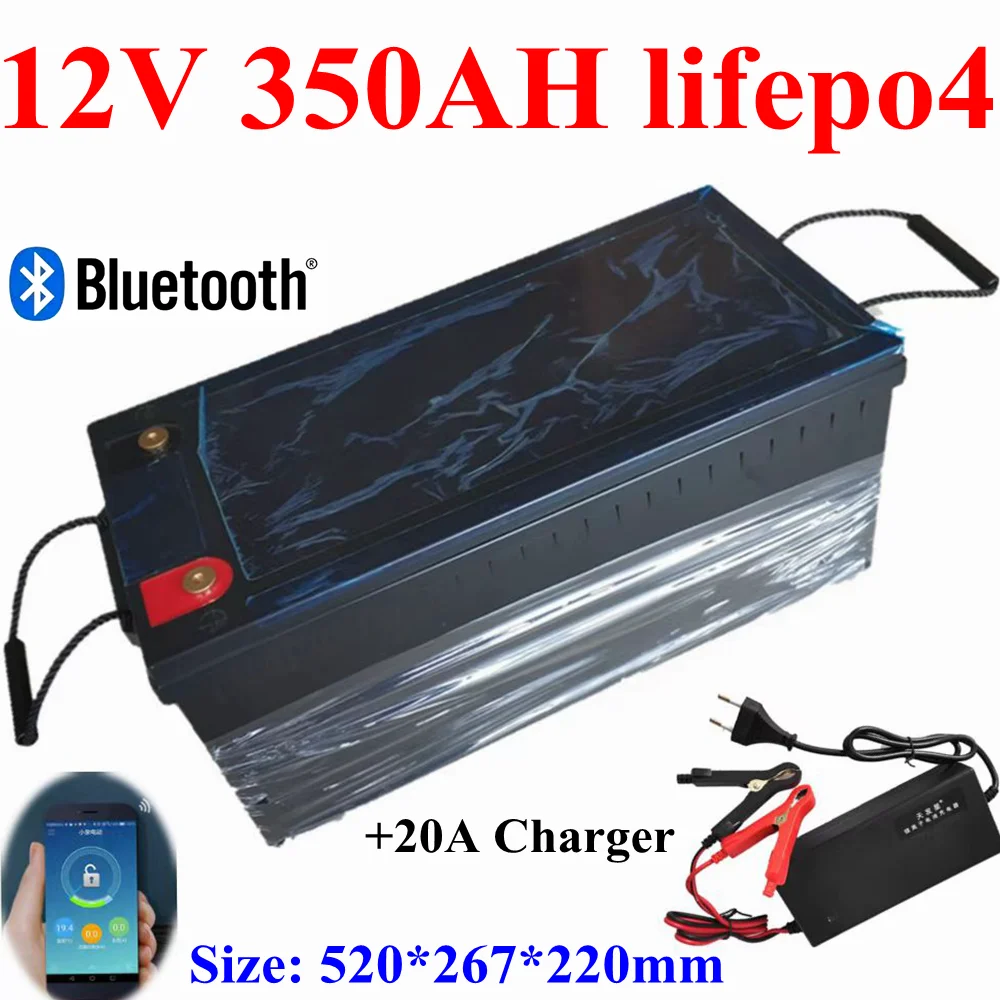 12V 350AH Lifepo4 lithium battery bluetooth BMS APP 4S 12.8V for inverter Solar energy caravan UPS EV boat +20A Charger