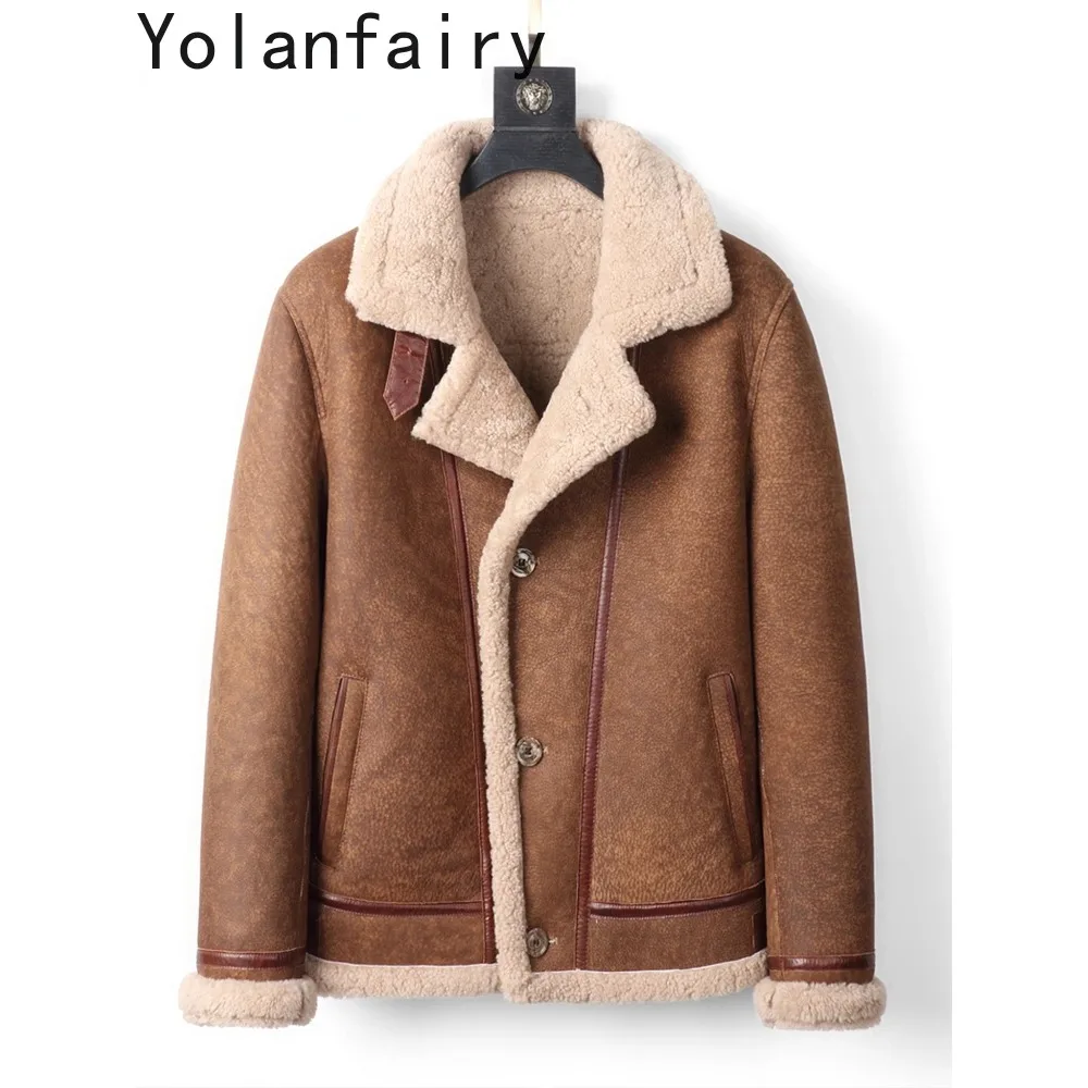 YOLANFAIRY Original Leather and Fur Integrated Coat Men's Sheepskin Jacket Motorcycle Jackets Male Winter Thick Fur Coats FC