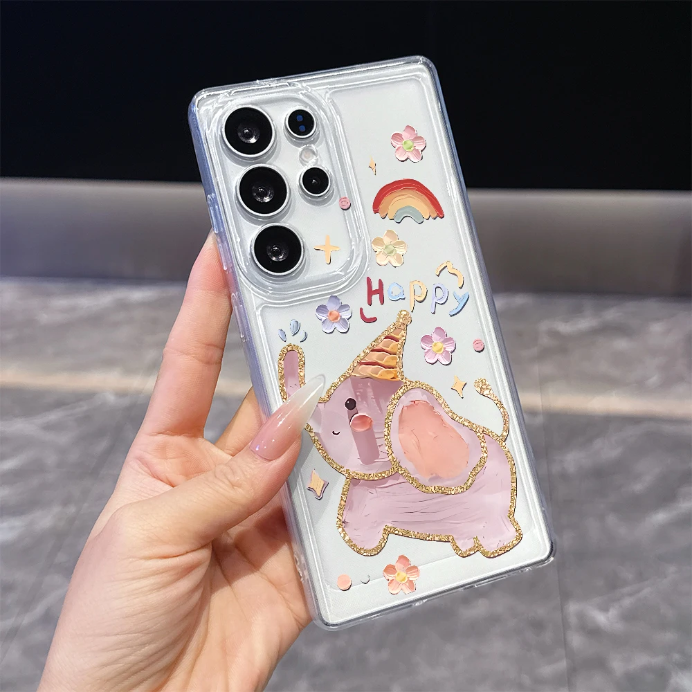 Golden Happy Baby Elephant Shockproof Transparent Soft TPU Case For Samsung S26 S25 S24 FE Plus A54 A57 Anti Scratch Back Shell