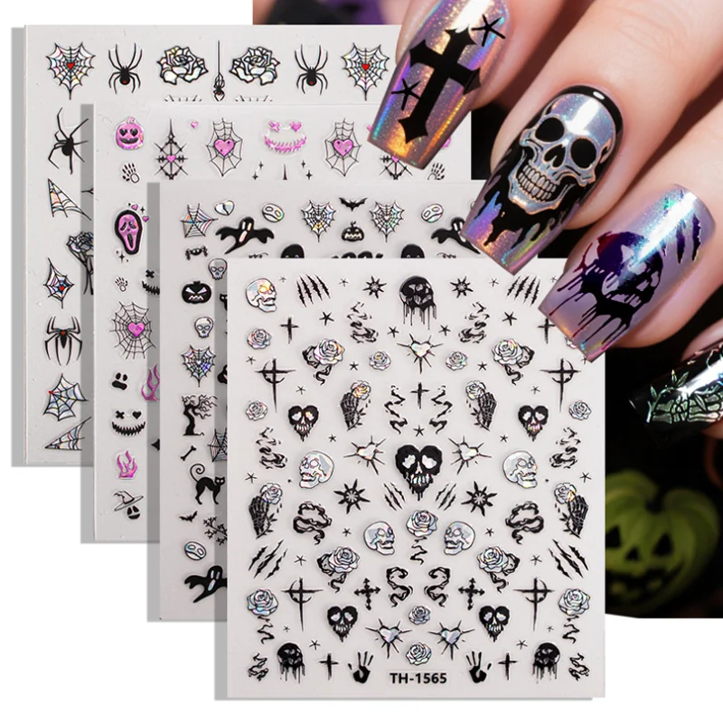 

Halloween Nail Stickers DIY Dark Skeleton Spider Adhesive Laser Nail Decals Manicure Nail Art Decoration Uñas Postizas Ofertas