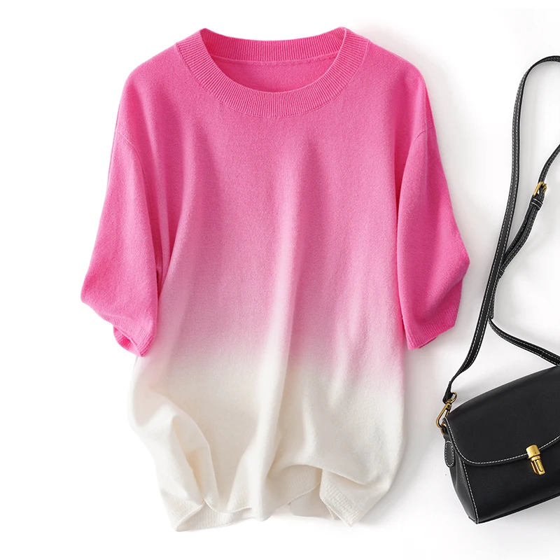 

Outlet Store Thin Knitted Ice Silk ort Sve T-irt adient Color Sweet Sle Loose Fit round Ne Top for Women