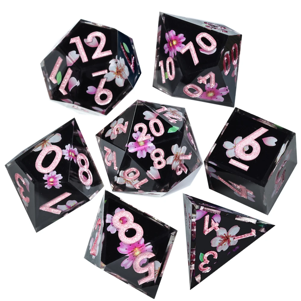 MINI PLANET Cherry Blossom Christmas Flower Sticker Dice with Sharp Edges Polyhedral Resin Dice for RPG Tabletop Games DND Dice