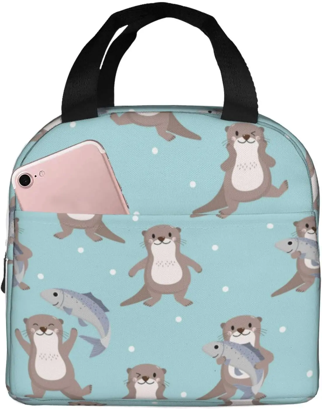 Cute Otter Pattern Lunch Bag with Zip Closure for Women Men Adults Fashionable Reusable Lunch Tote Bag Cover for Work Trip