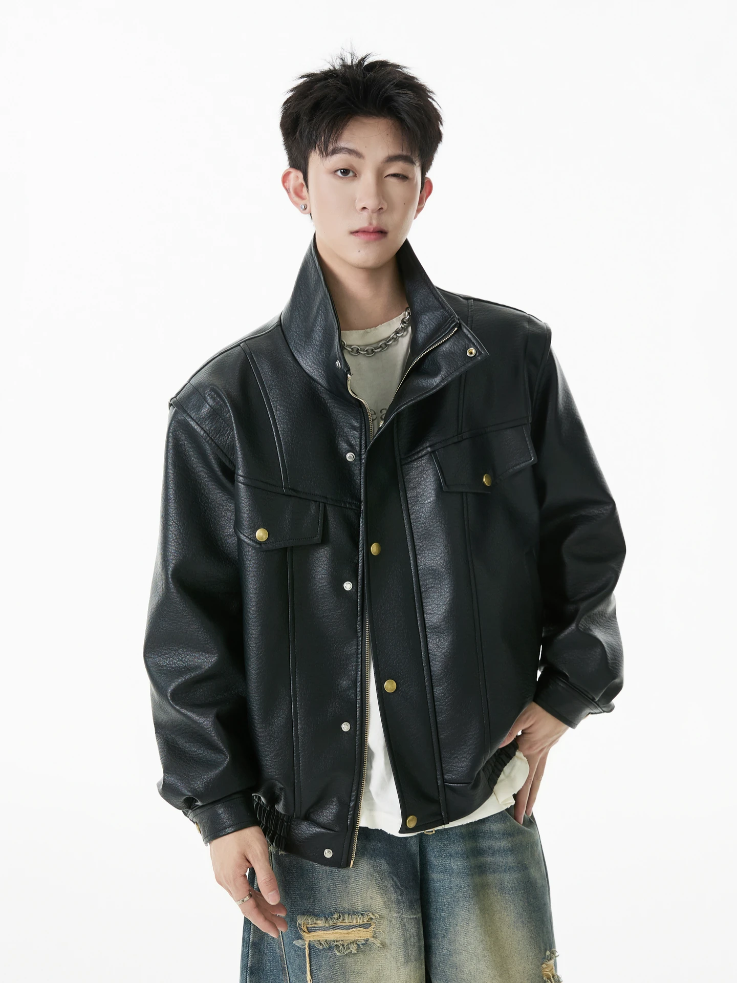 

Sku Goods American Retro PU Leather Jaet Men's Trendy Brand Silhouette Workwear Versatile Motorcycle Outerwear