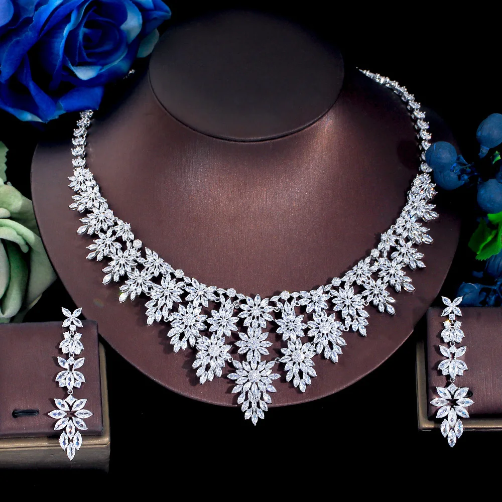 

ThreeGraces Romantic Cubic Zirconia Flower Shape Long Big Necklace and Earrings Bridal Wedding Jewelry Set for Women TZ978