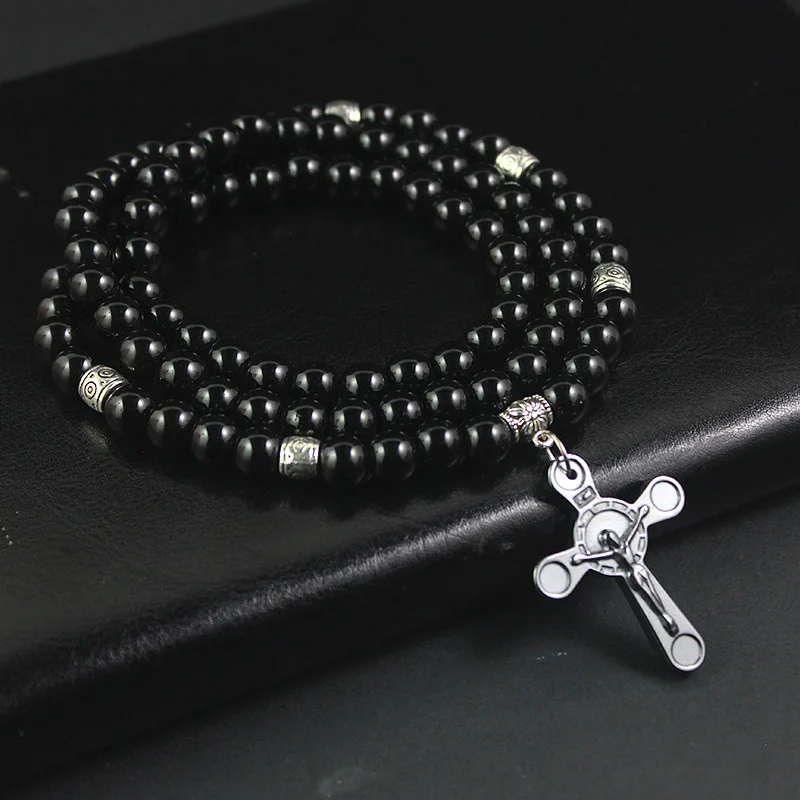 8mm Vintage Herren Schwarz Gallenstein Runde Perle Kreuz Anhänger Halskette Religiöse Lange Pullover Kette Kleidung Zubehör