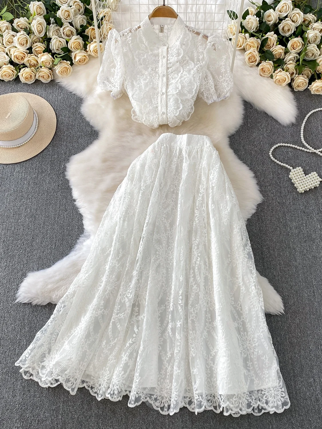 Комплект Ele Lace Wood ain с воротником-стойкой и высокой талией, утягивающая тюлевая юбка феи с вышивкой, модная женская одежда...