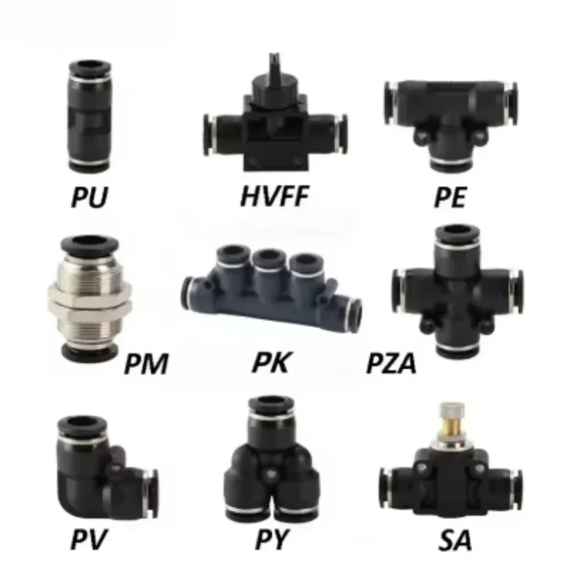 Black Pneumatic Tube Connectors, 5Pcs air Tubes and Quick Fittings, Fit 4-16mm Pipes, PU, PY, PK, PE, PV, SA, HVFF, PZA
