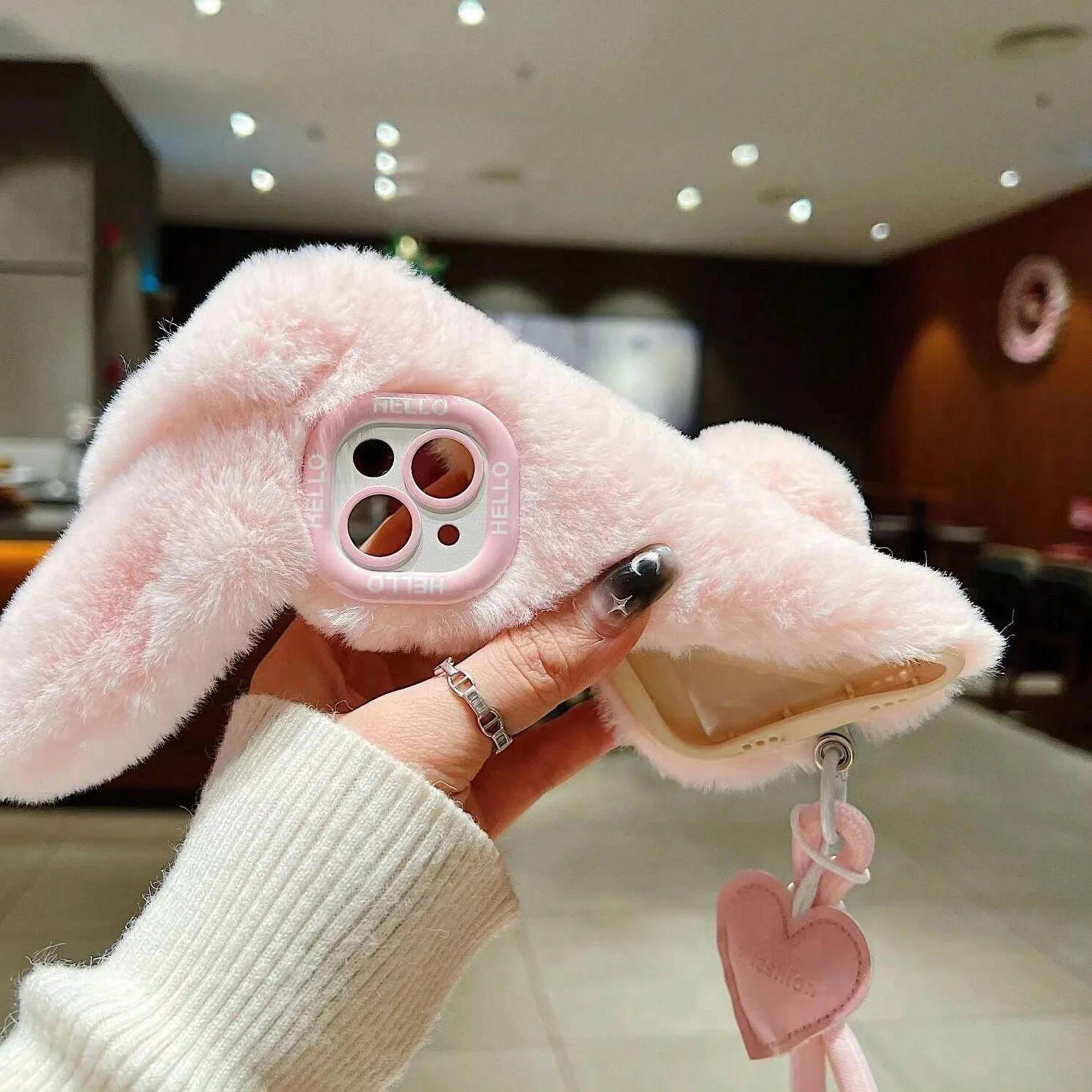 For IPhone 16 15 14 13 12 Pro Max Pink Long Ears Rabbit Plush Phone Case Fall Winter Cute Warm Phone Protective Jacket