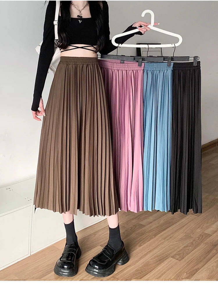 

Spring Fashion Pleated Long Skirt Women Elegant Elastic High Waist Skirt Korean Style Pink A-line Midi New