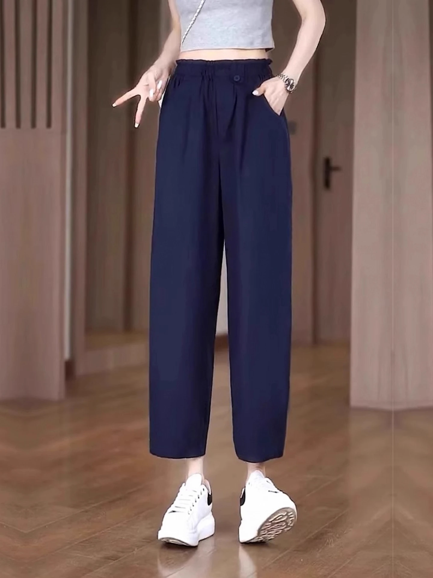 

Летние тонкие широкие повседневные брюки для женщин, свободные, с эластичным поясом, укороченные, маленькие размеры, прямые брюки-трубы в корейском стиле, с высокой талией