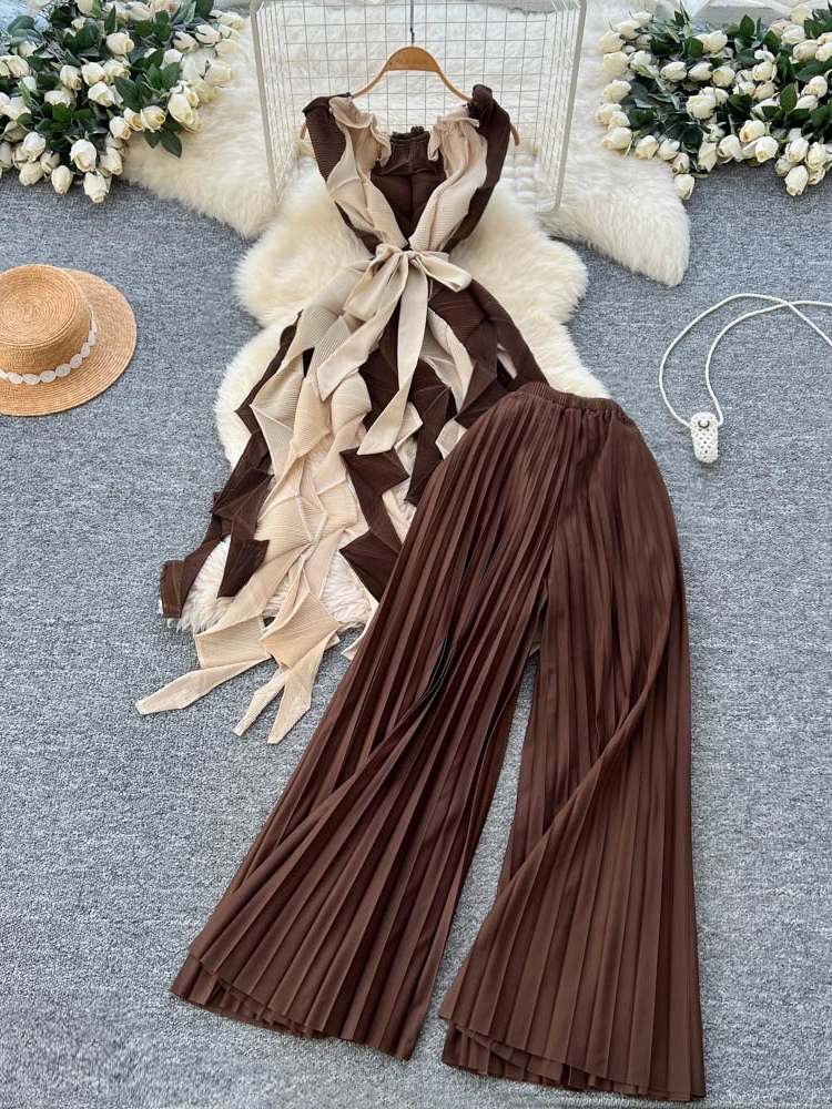 

Retro Pleated Set Women Design Sense Asymmetrical Color Collision Waist Cinch High Waist Skirt Fashion Set Style