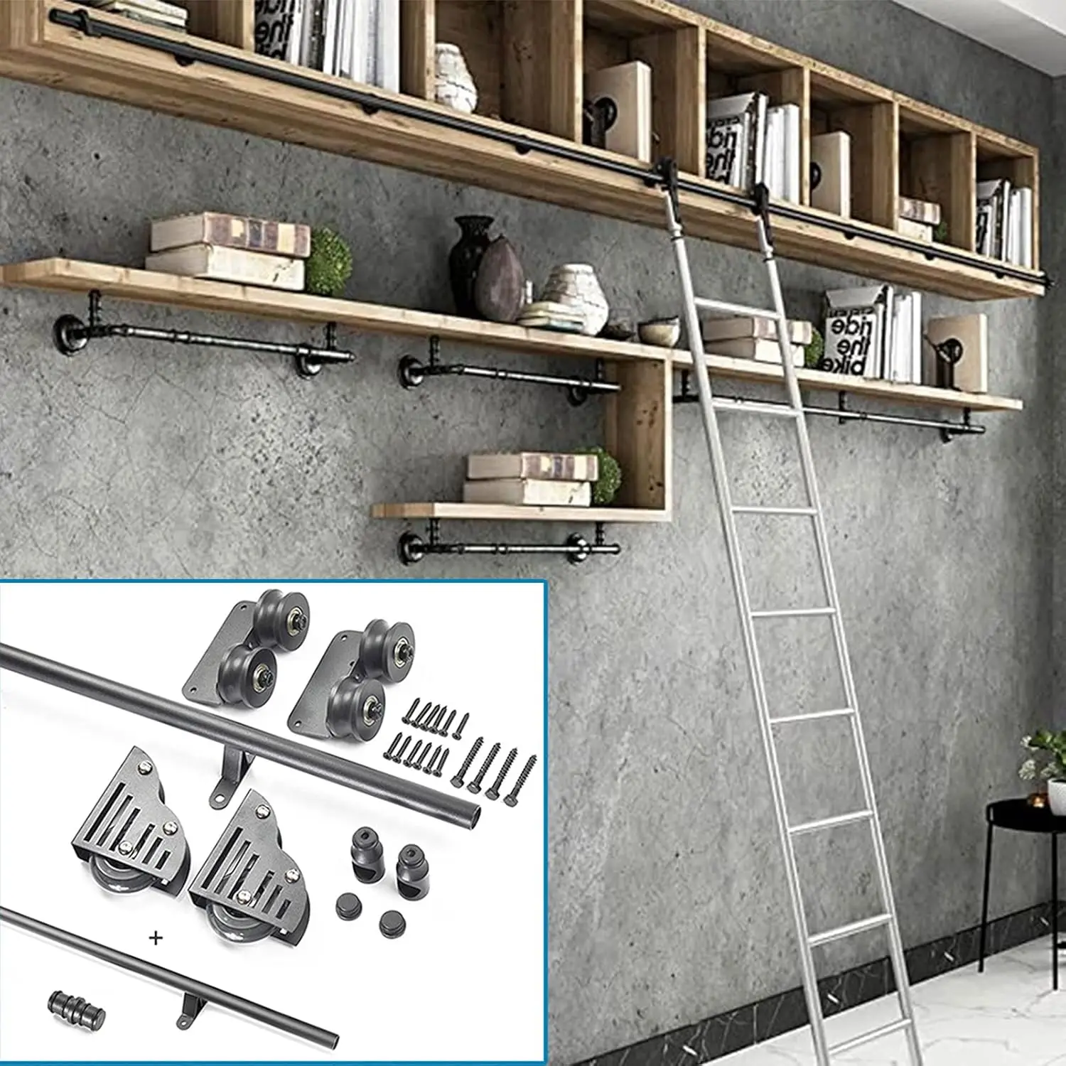 3.3Ft-20Ft Guide Sliding Barn Door Hardware Kit(No Ladder),Round Tube Mobile Ladder Track+Extention Track,With Floor