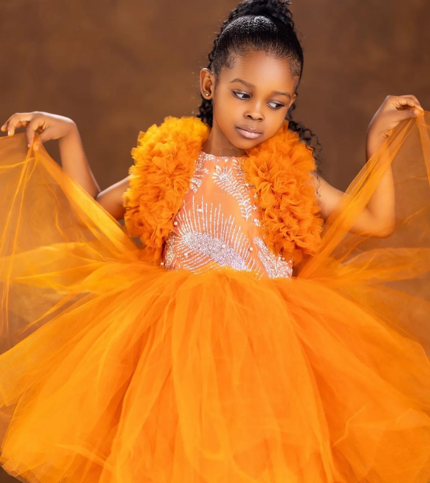 Vestidos de menina de flor laranja para casamento babados lantejoulas na altura do joelho princesa menina crianças festa aniversário primeira comunhão vestido