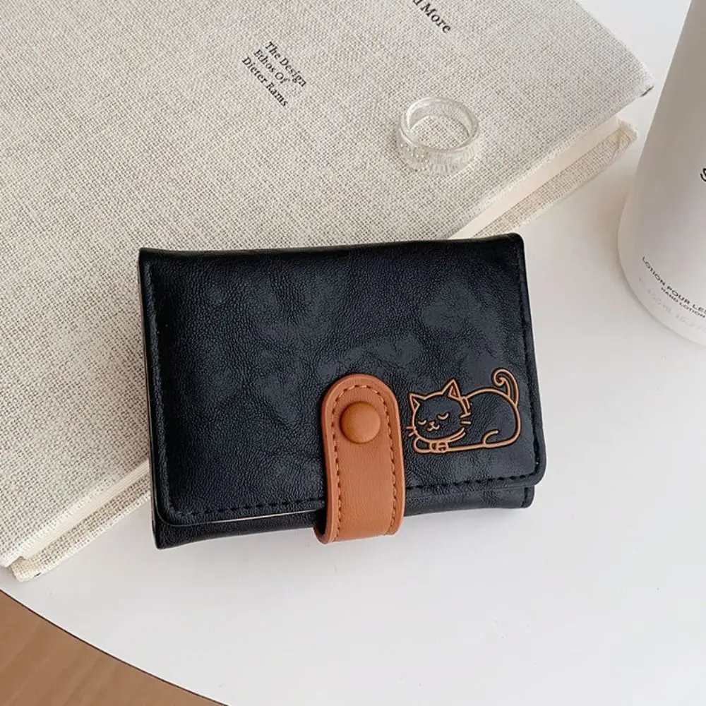 Coin Purse Portable Cat Printed Wallet PU Leather Cute Short Leather Purse Multiple Card Card Pouch Three Fold Wallet Women