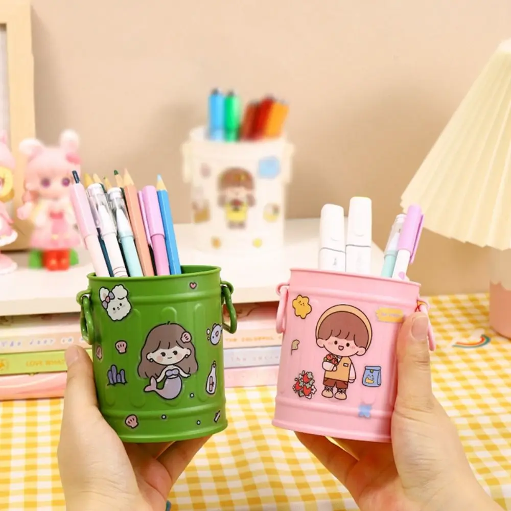 Portable Retro Pen Holder Plastic Simple Pen Bucket Reusable Cute Stationery Storage Box Office