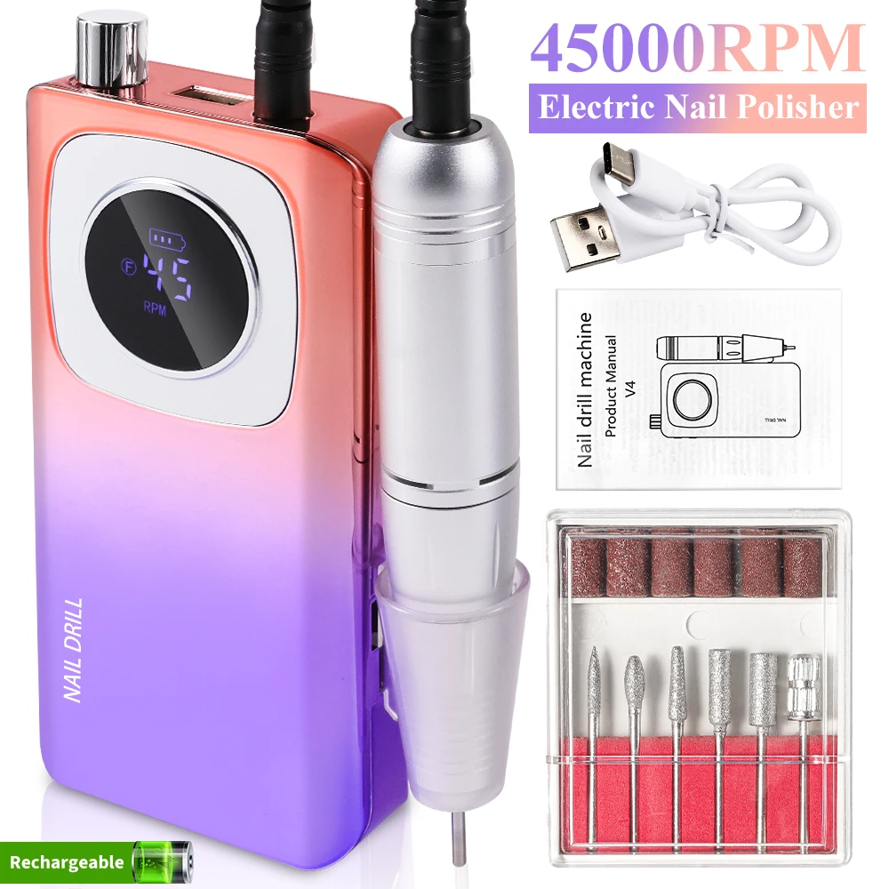 45000RPM Nail Drill Machine Electric Portable Nail File Rechargeable Nail Sander for Gel Nails Polishing For Home Manicure Salon