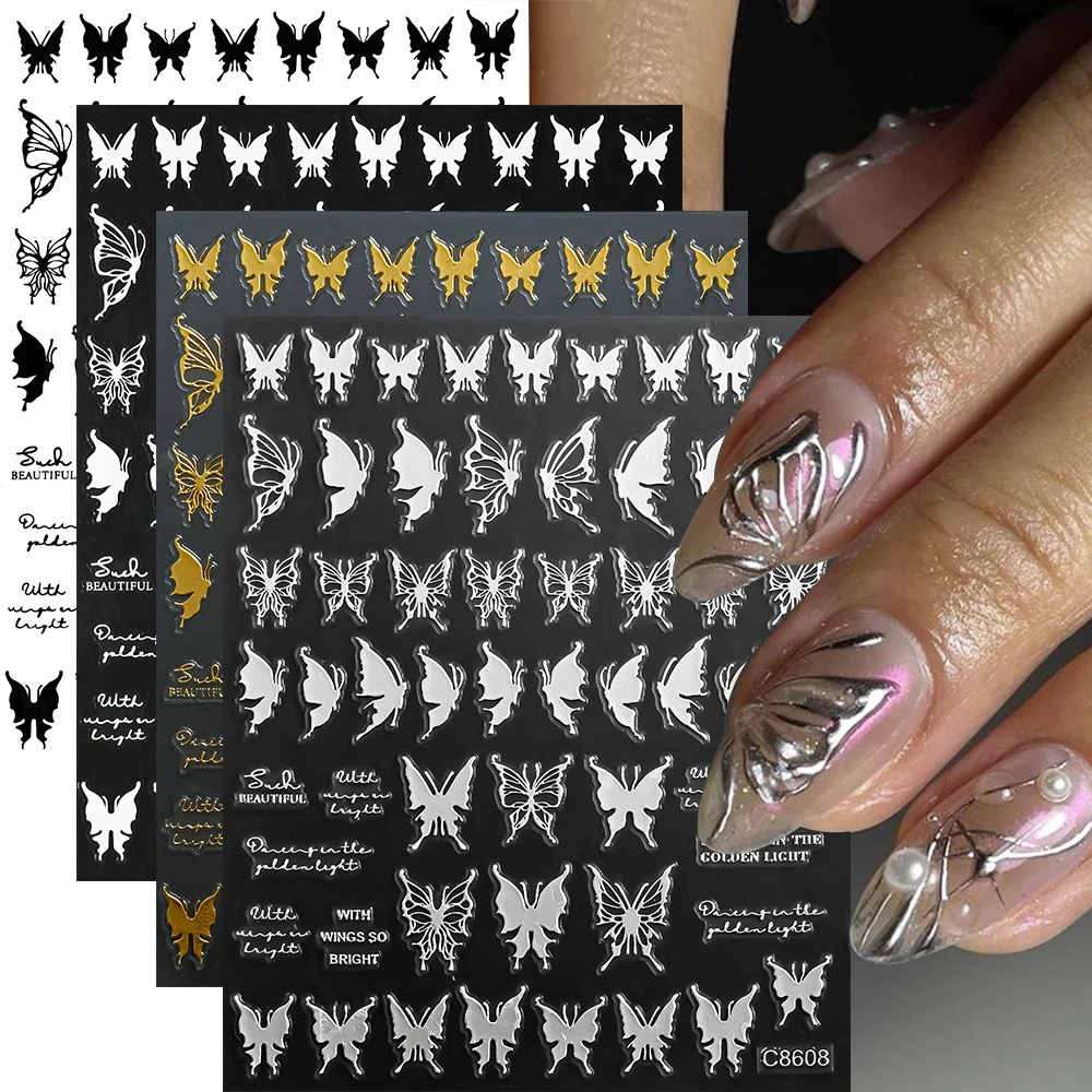 4pcs/Set Animal Print 3D Butterfly Nail Stickers with Cross Designs Self-adhesive Hollowed-Out Metallic Wing Decals for Manicure