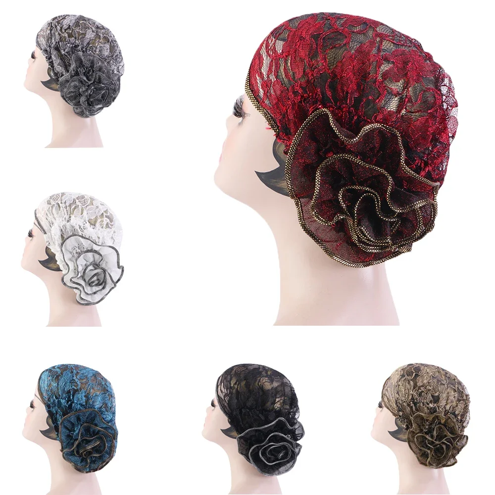 

Lace Flower Muslim Women Inner Hat Hijab Turban Hair Loss Beanie Ninja Glitter Femme Chemo Cap Indian Headwrap Covers Mujer Caps