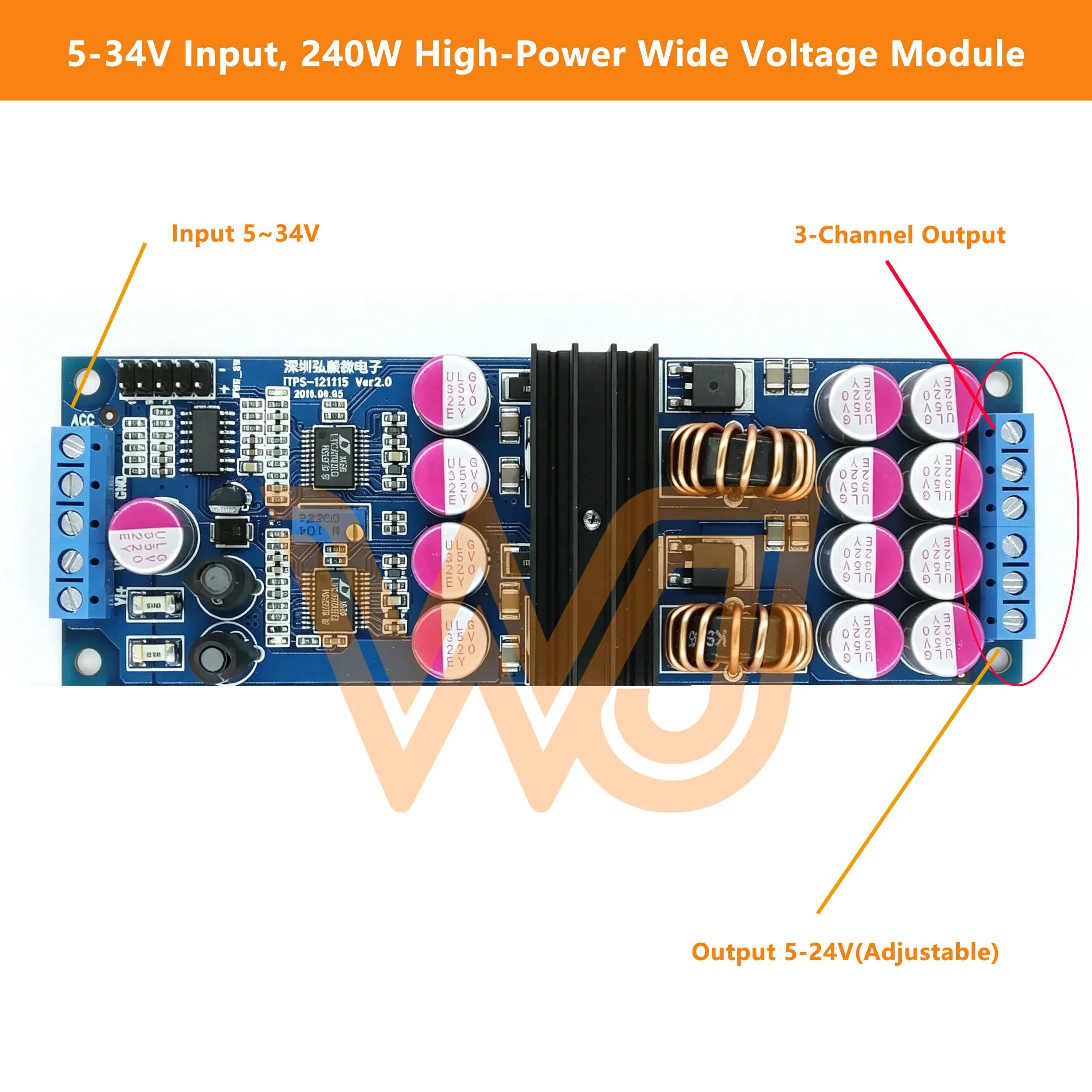 5-34V Input 240W Wide Voltage Module, 3-Channel Output Auto Buck-Boost Power Supply, For Car Radio & PC, 12V 20A 240W