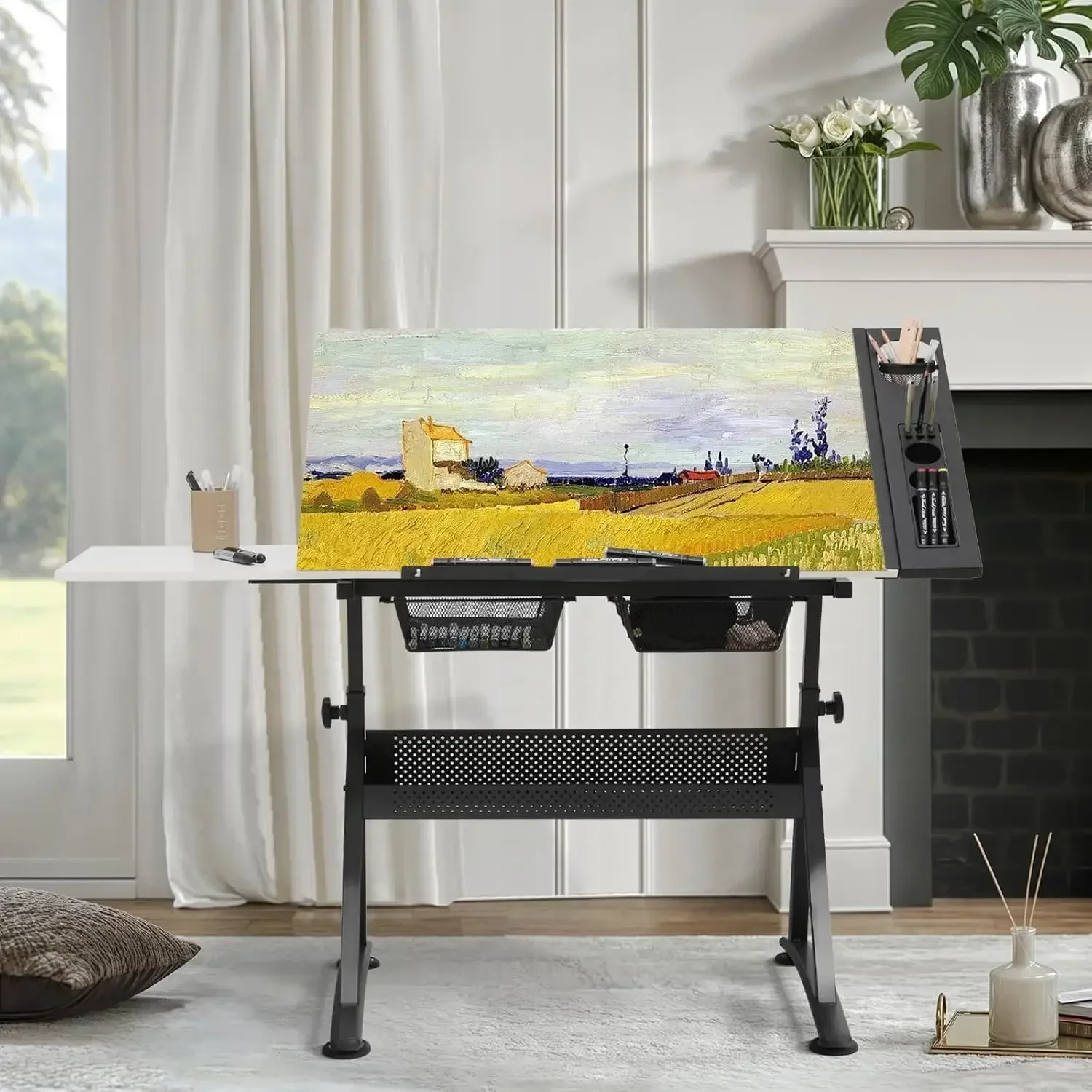 Art Deco Drafting Table Adjustable Height Tiltable Top Stool Reading Writing Painting Homeschooling Children Two Storage Drawers