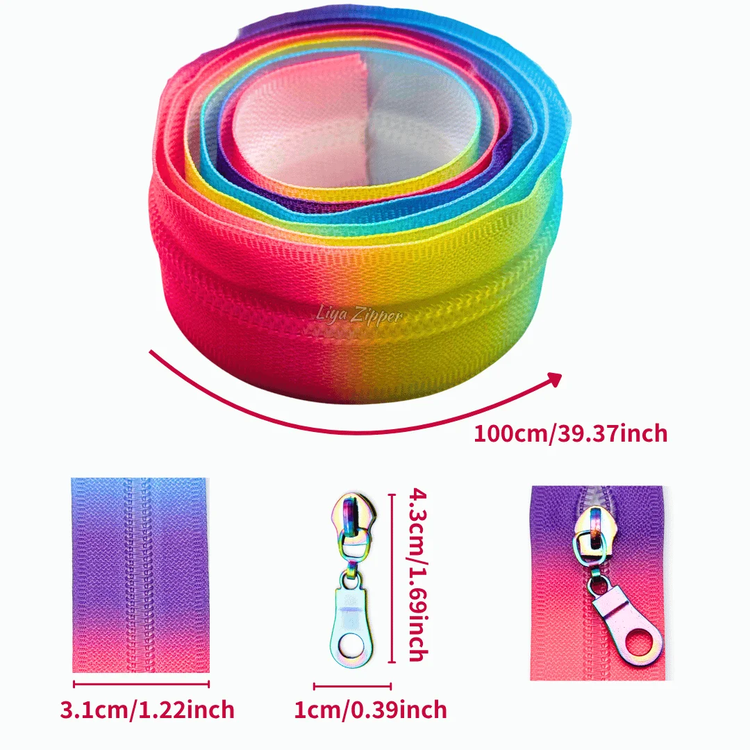 1 m rainbow zipper and 2pcs note/circle/gourd zipper pull, made of No.5 dopamine nylon, available in a variety of gradient color