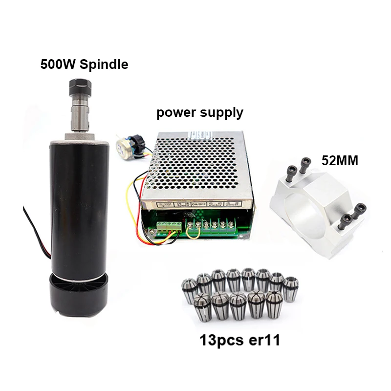 0.5kw Air Cooled Spindle 500W Spindle Motor ER11 Chuck CNC Spindle Motor+52mm Clamps+Power Supply Speed Governor For Engraving