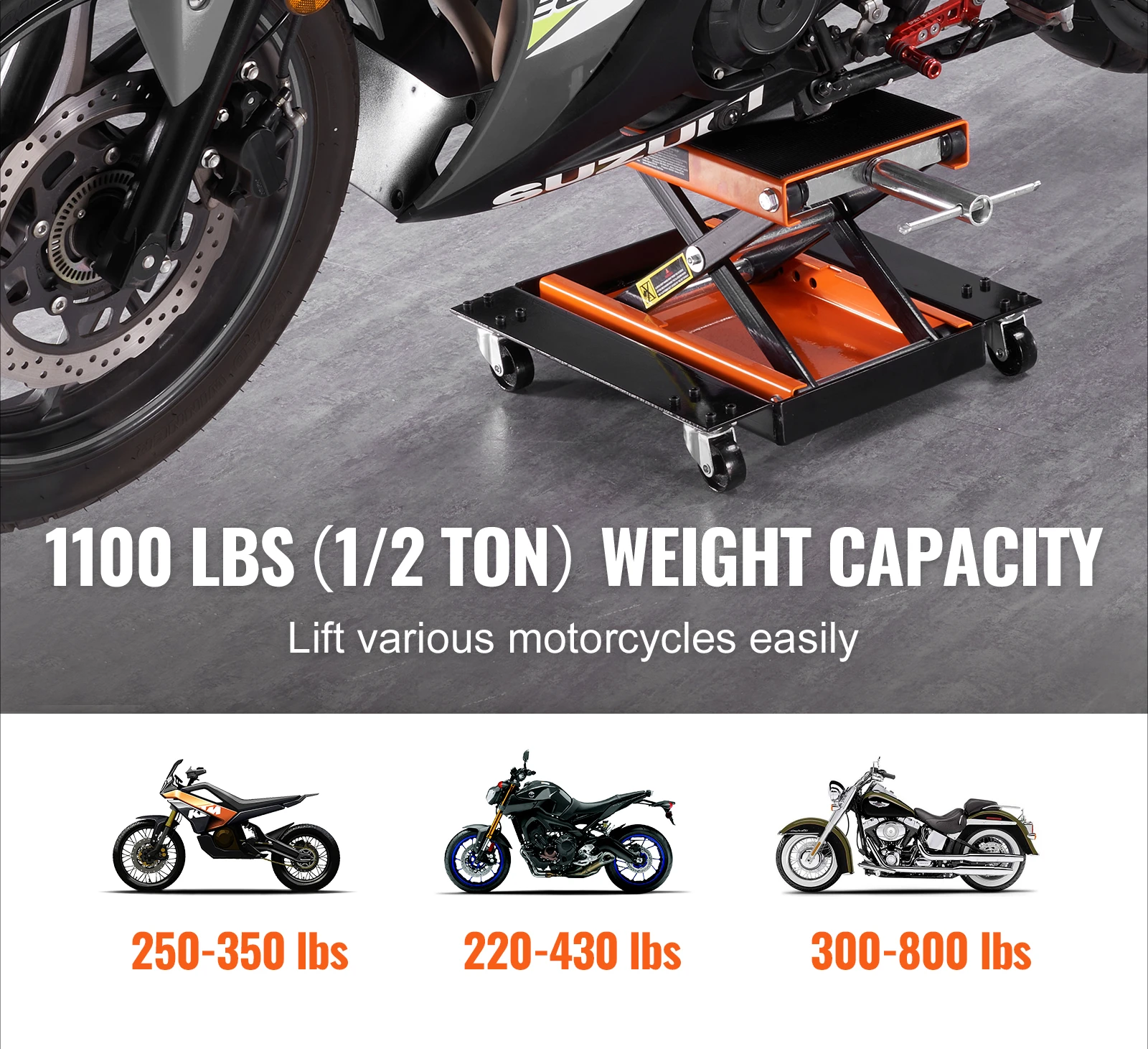 1100LBS Motorcycle Scissor Lift Jack, ATV Center Hoist Stand with Dolly & Wide Deck for Garage & Shop