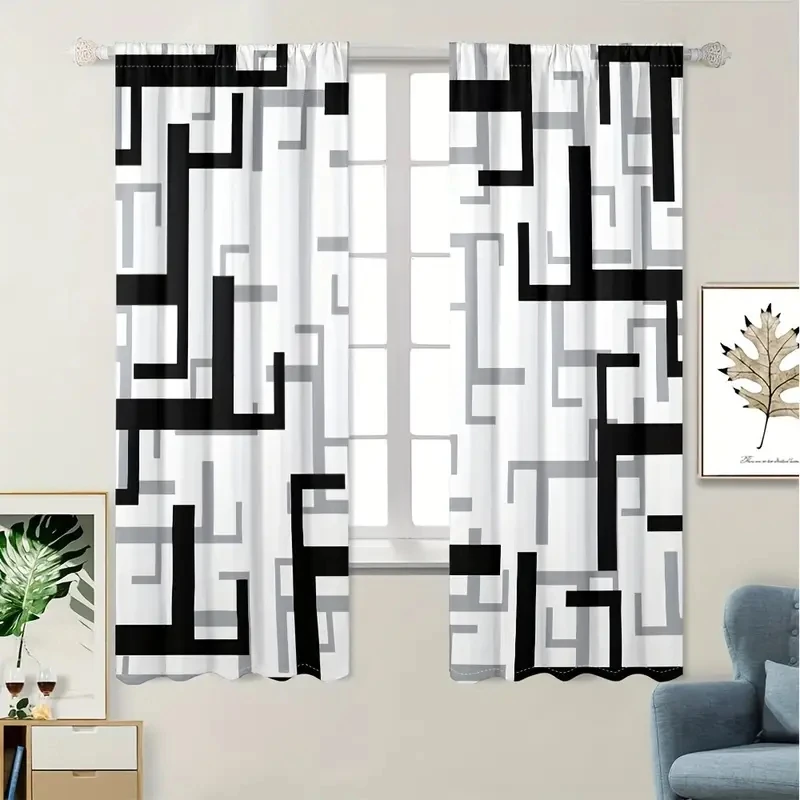 

2pcs Modern Geometric Black White Digital Print Decorative Curtains with HD Digital Print Machine Washable Microfiber Fabric,
