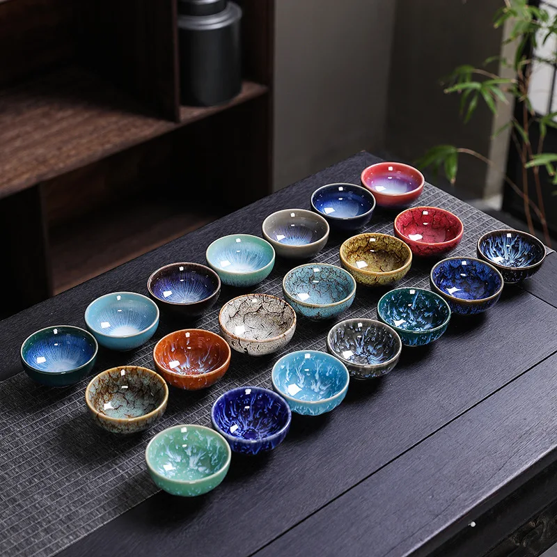 Vintage Multicolor Kiln Fambe Ceramic Teacup Japanese Style Retro Handmade Tea Cup Temmoku Glaze TeaSet Home Tea Bowl Master Cup