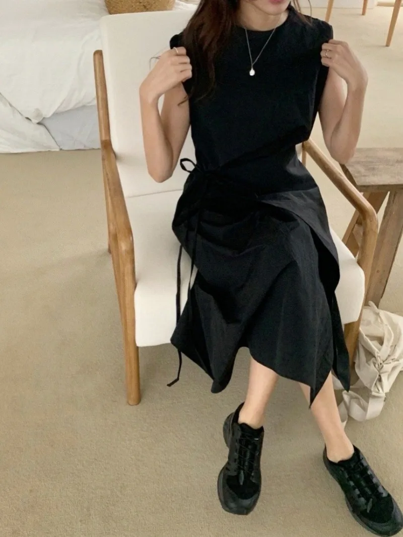 Korean Chic Lace-up Bow Vestidos Round Neck Sleeveless Women 2024 Dress High Waist Vestido Summer New Dresses Irregular Robes