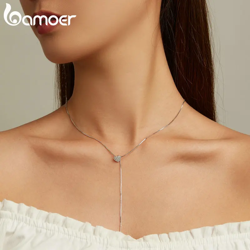 Bamoer 925 Sterling Silver Brilliant Heart Necklace for Women Minimalist Long Box Chain Choker Fine Jewelry Party Gift BSN260