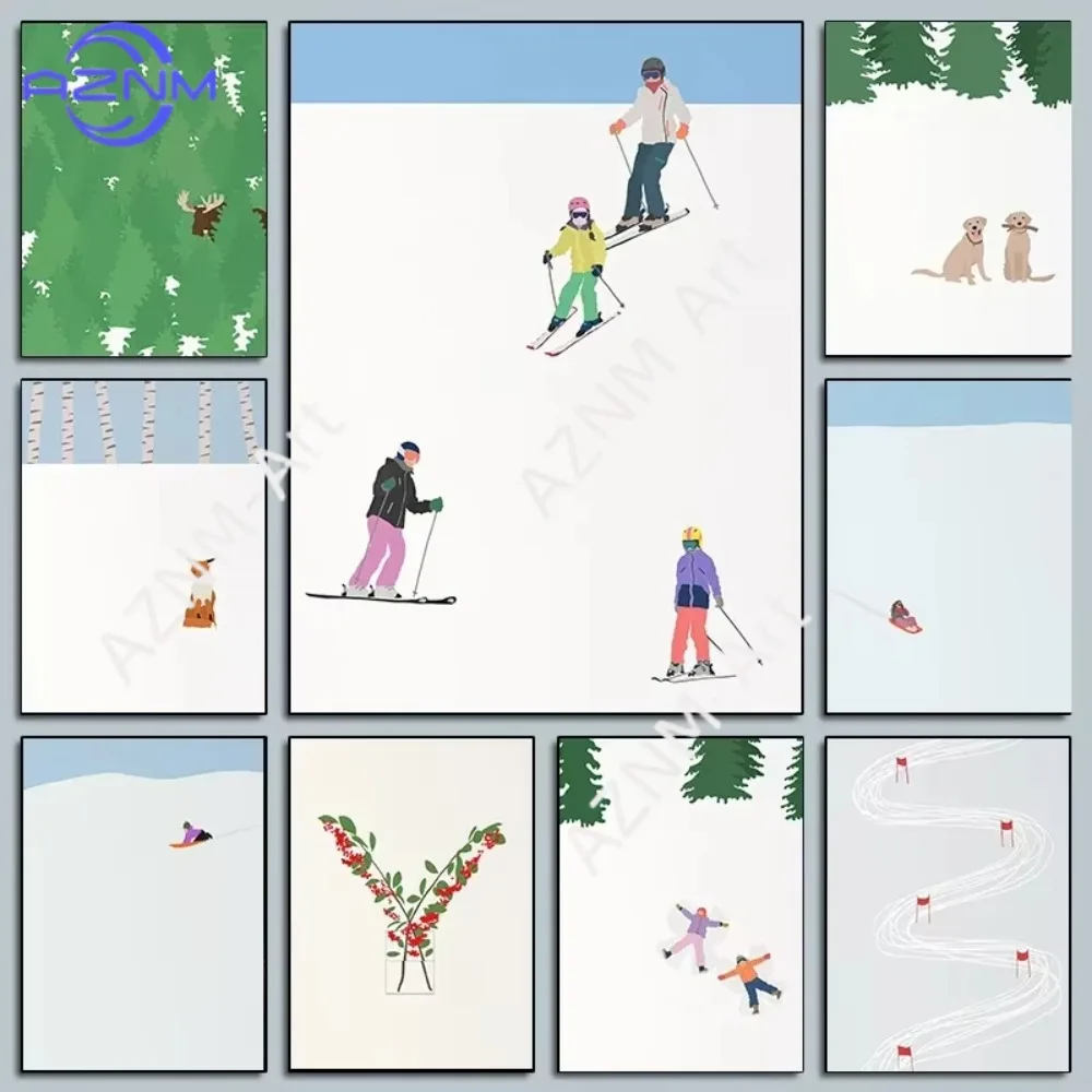 1pc Winter Tobogganing Landscape Skiing Prints Golden Retriever Fashion Wall Art Home Room Decor